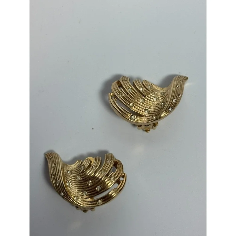 Earrings Statement‎ Pieces Vintage Elegant Gold Tone Rhinestone Feather